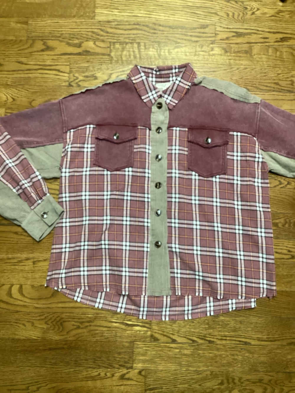 Easel Cotton corduroy mineral washed mixed burgundy tan plaid shacket size Larg - Picture 8 of 9
